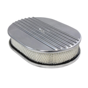 Air Cleaner Kit, 12" X 2" Oval Half Finned Top / Paper Filter / Flat Base (Polished Aluminum)
