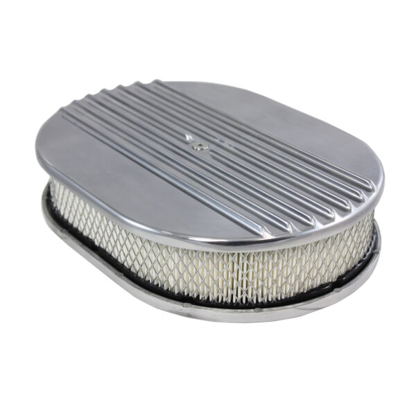 Air Cleaner Kit, 12″ X 2″ Oval Half Finned Top / Paper Filter / Flat Base (Polished Aluminum) 1