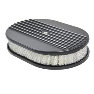 Air Cleaner Kit, 12" X 2" Oval Half Finned Top / Paper Filter / Flat Base (Black Aluminum)