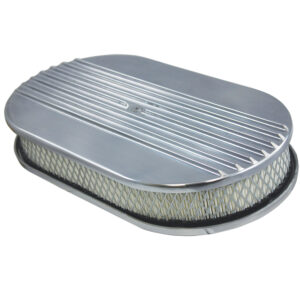 Air Cleaner Kit, 15" X 2" Oval Half Finned Top / Paper Filter / Flat Base (Polished Aluminum)