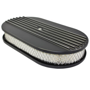 Air Cleaner Kit, 15" X 2" Oval Half Finned Top / Paper Filter / Flat Base (Black Aluminum)
