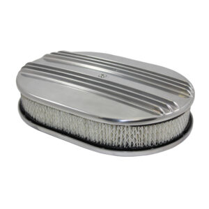 Air Cleaner Kit, 12" X 2" Oval Center Finned Top / Paper Filter / Flat Base (Polished Aluminum)