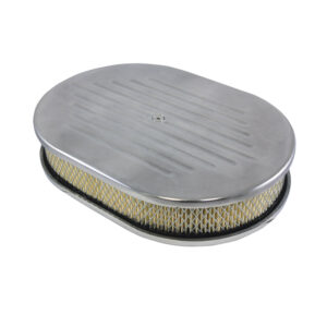 Air Cleaner Kit, 12" X 2" Oval Ball-Milled Top / Paper Filter / Flat Base (Polished Aluminum)