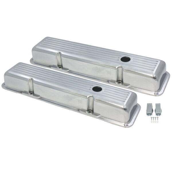 Valve Covers, 1958-86 SB Chevy 283-350 Ball-Milled with Hole Short (Polished Aluminum) 1