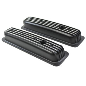 Valve Covers, 1987-97 SB Chevy 5.0L & 5.7L Center Bolt Finned with Hole Short (Black Aluminum)